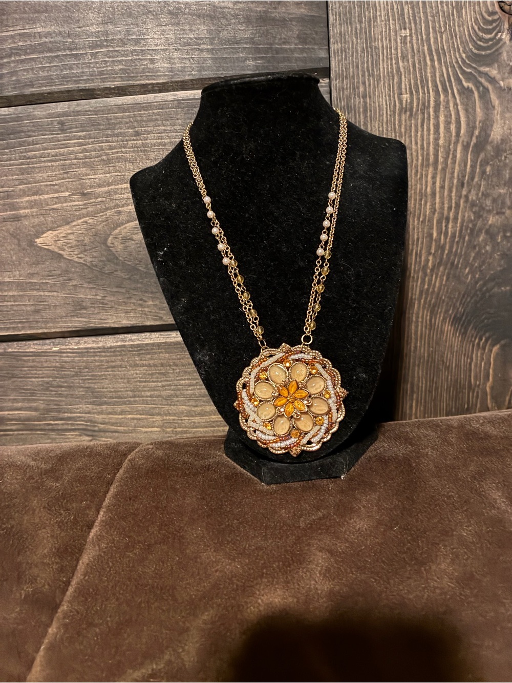 New York and Company Gold-Tone Floral Pendant Necklace with Amber Accents